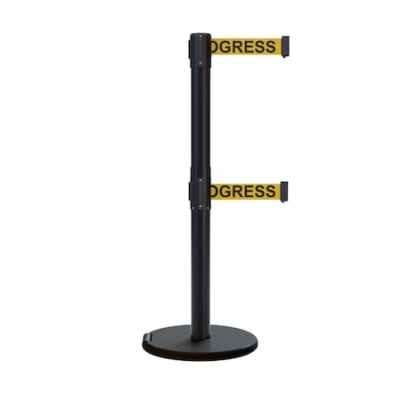 Montour Line Retractable Double Belt Rolling Stanchion, Yellow, 11 ft Length, 2.5 ft Post Height P400DRL-BK-CLEANYB-110